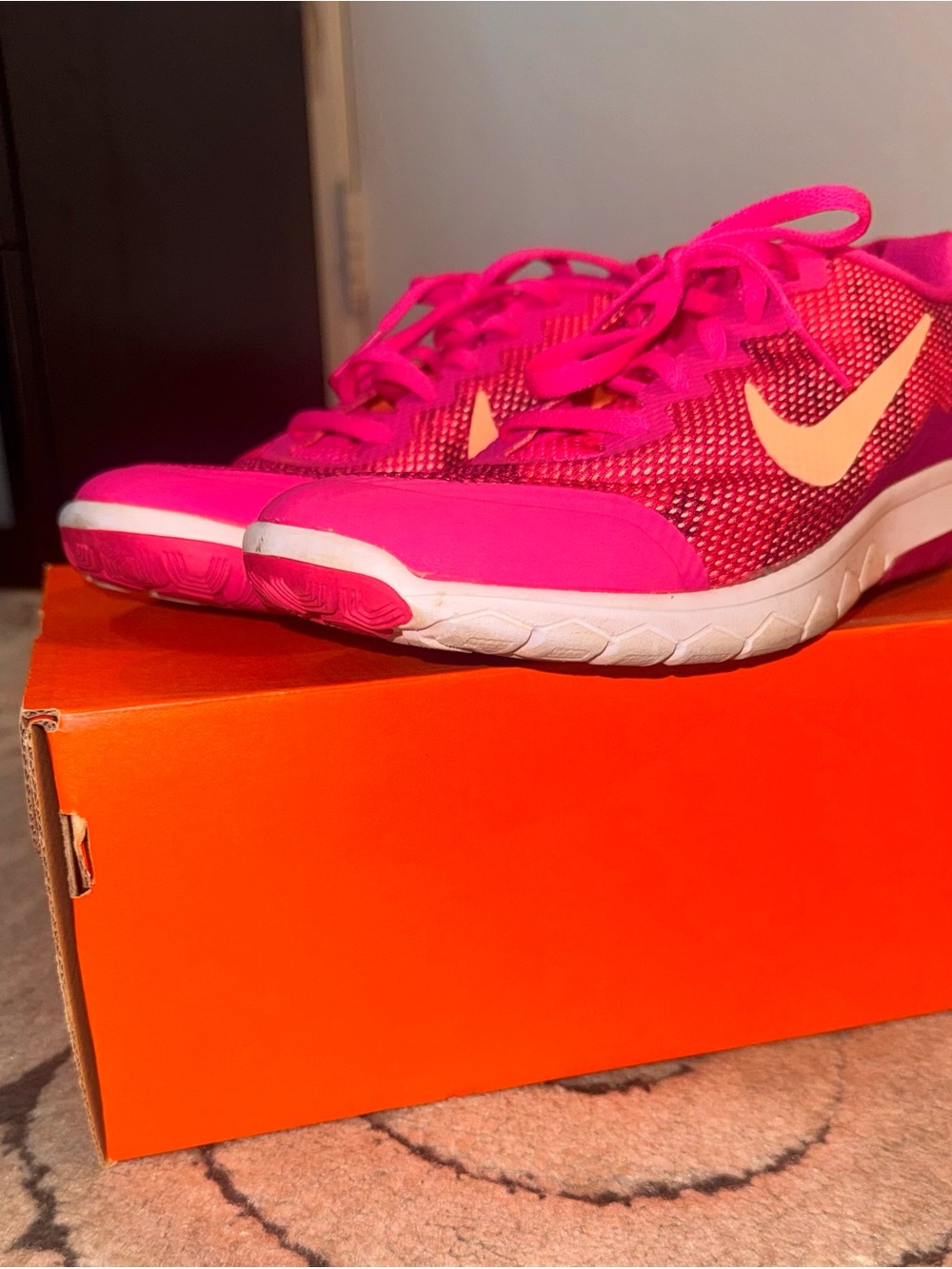 Nike Women's Hot Pink Athletic Sneakers with Peach Swoosh
